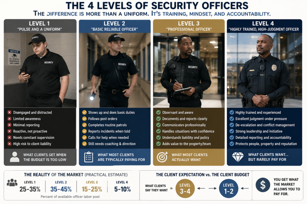Infographic comparing the four levels of a security officer, from Level 1 "pulse and a uniform" to Level 4 highly trained, high-judgment security officer, showing traits clients want versus what they typically budget for