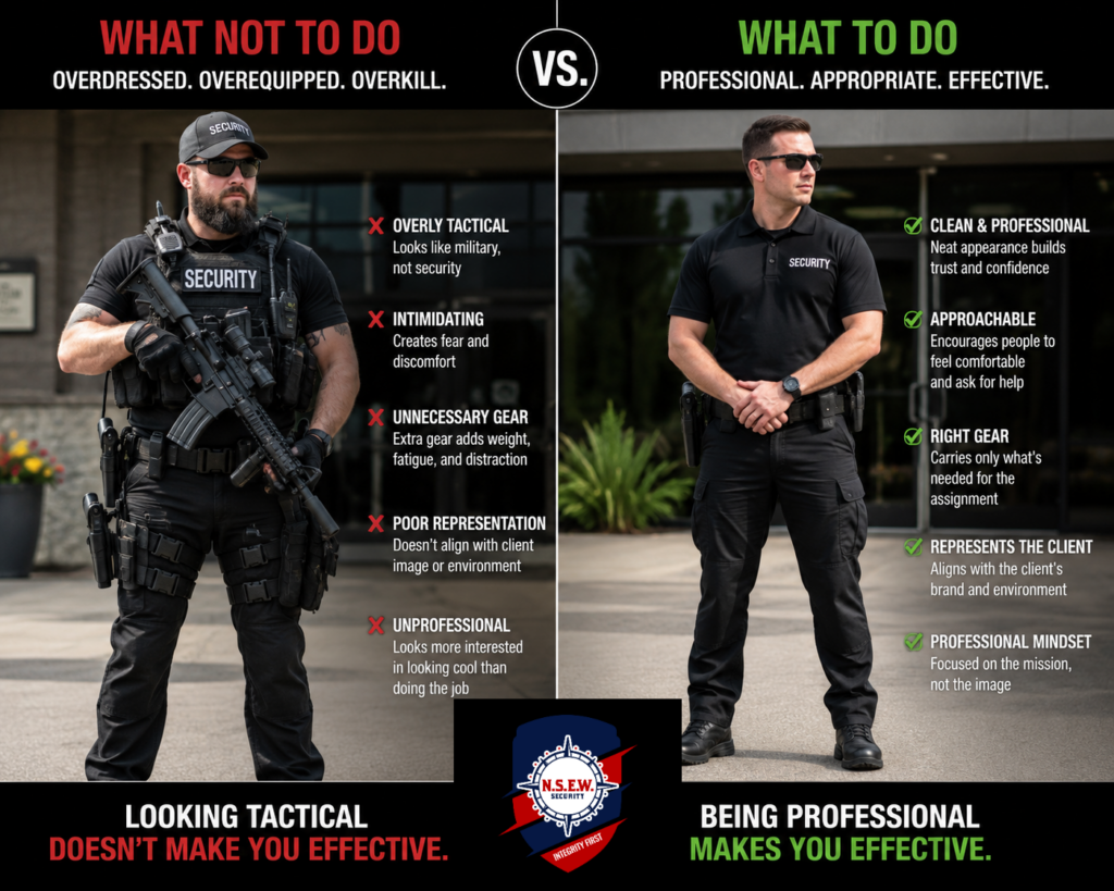 Side-by-side comparison graphic showing an overequipped, overly tactical security officer labeled What Not To Do versus a clean, professional NSEW Security officer labeled What To Do, with the NSEW Security shield logo centered at the bottom