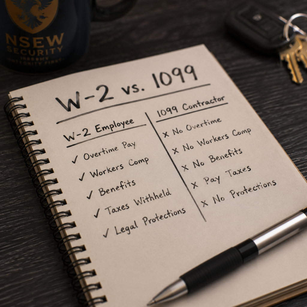 Handwritten notebook comparing W-2 employee benefits versus 1099 contractor status, next to an NSEW Security mug and car keys